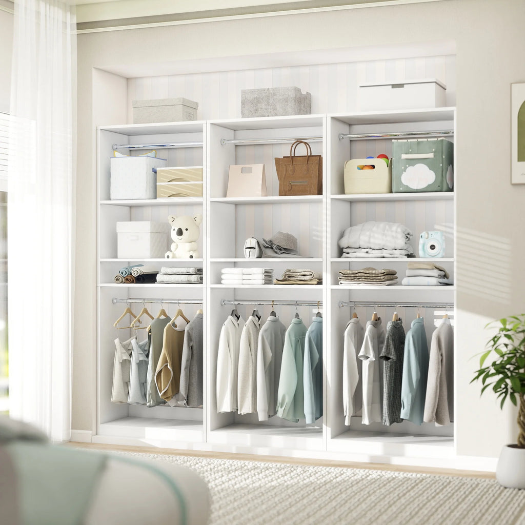 Homieasy 25 Closet System, Freestanding Closet Organizer Wardrobe with Hanging Rods and Shelves, Adjustable Clothes Garment Rack, Sturdy Walk in Closet Tower, White