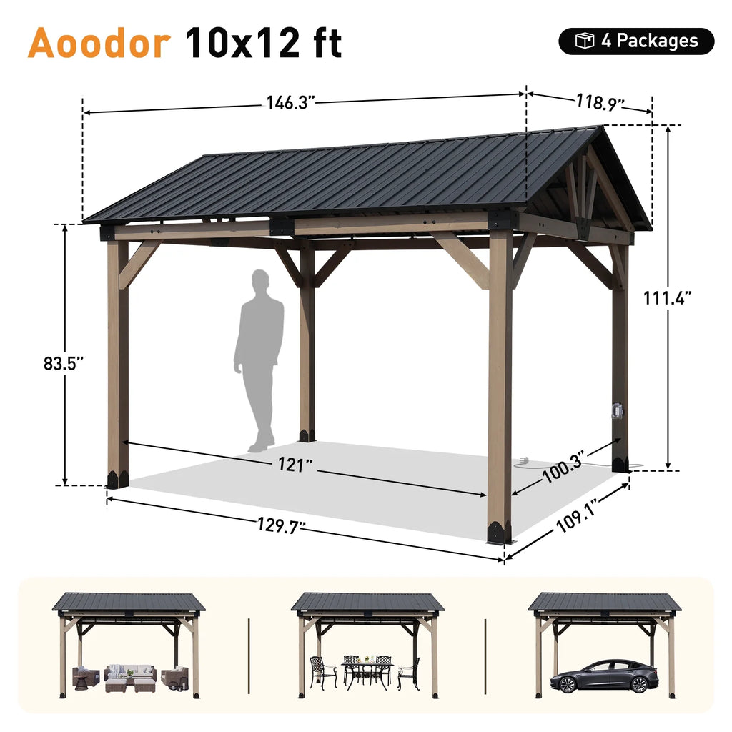 Aoodor 10 x 12 ft Wooden Frame Gazebo with 2-Tier Galvanized Metal Hardtop Roof, Outdoor Patio Gazebo with Charging Socket for Patio, Backyard, Deck, and Lawn
