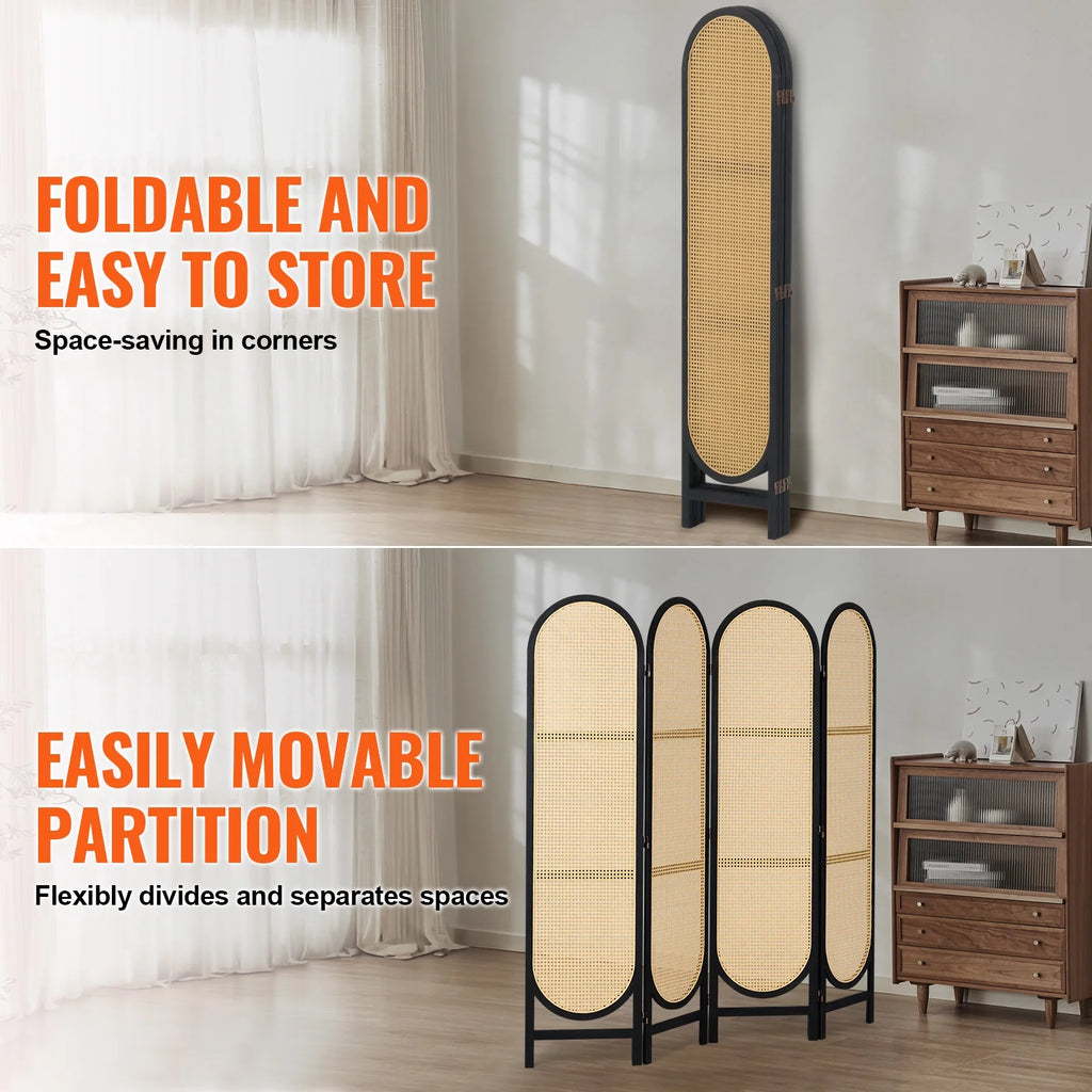 KFFKFF Quadruple Panel Space Separator, Artisan-Crafted Rattan Foldable Privacy Barriers with Connectors, Movable Space Partitions, Timber Independent Room Splitter for Sleeping Quarters, Cocoa