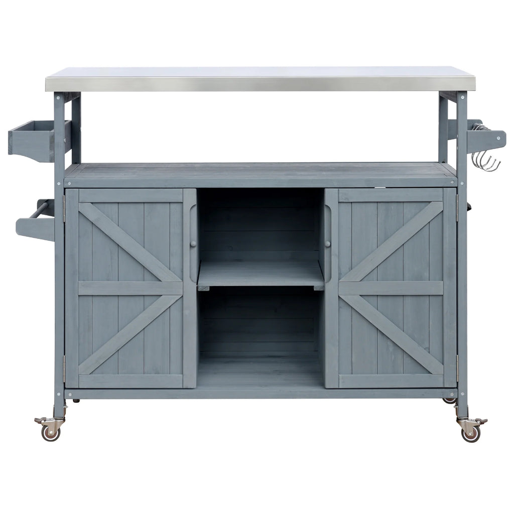 Outdoor Kitchen Island, Rolling Bar Cart & Storage Cabinet, Farmhouse Solid Wood Outdoor Grill Table with Stainless Steel Top, Spice Rack , Towel Rack for Kitchen & BBQ , Natural