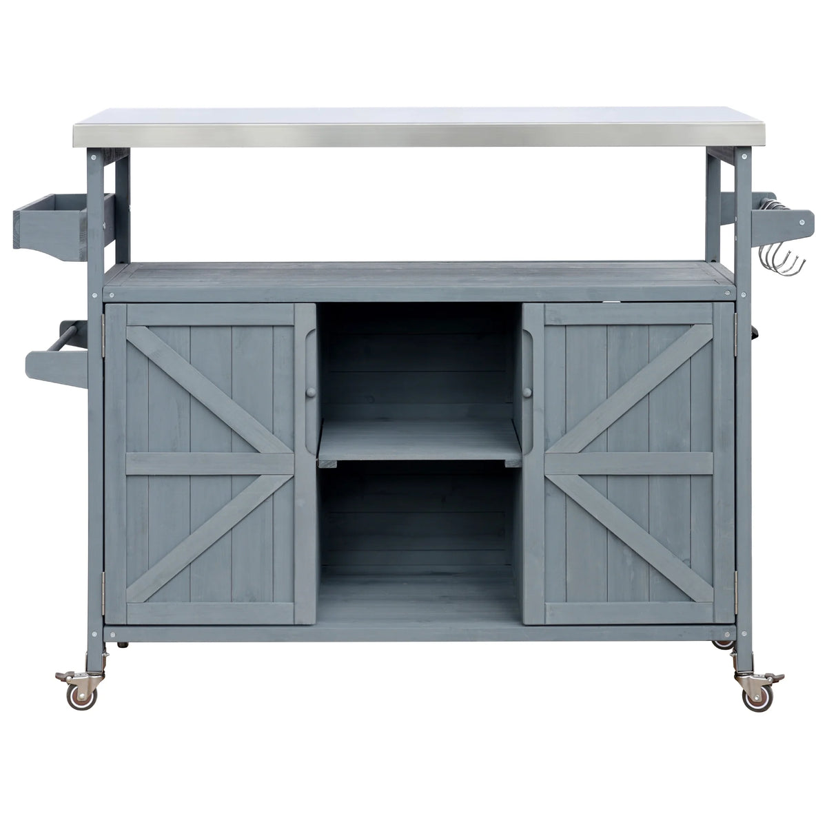 Outdoor Kitchen Island, Rolling Bar Cart & Storage Cabinet, Farmhouse Solid Wood Outdoor Grill Table with Stainless Steel Top, Spice Rack , Towel Rack for Kitchen & BBQ , Natural