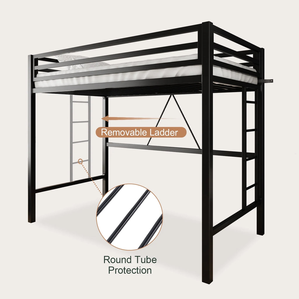 Amolife Twin Size Heavy Duty Metal Loft Bed with Removable Ladder & Full-Length Guardrail, Black