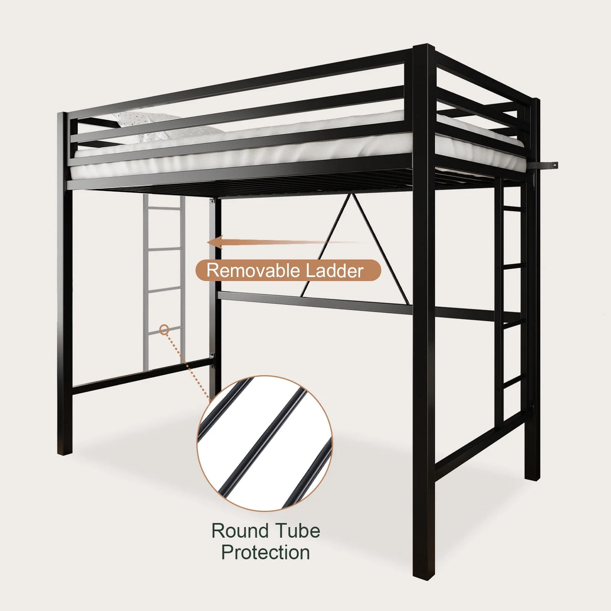 Amolife Twin Size Heavy Duty Metal Loft Bed with Removable Ladder & Full-Length Guardrail, Black