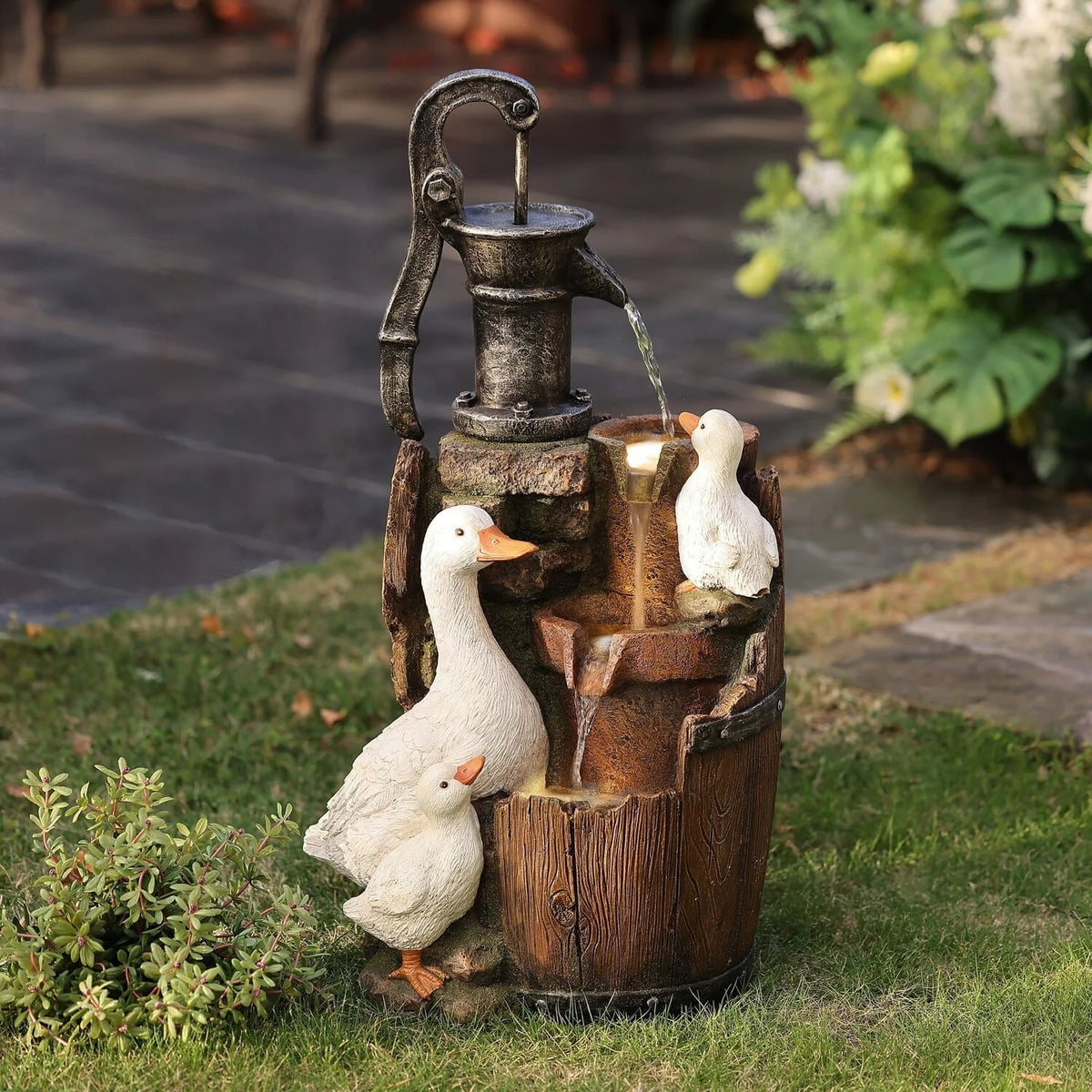LuxenHome Farmhouse Pump and Duck Family Resin Outdoor Fountain with LED Lights