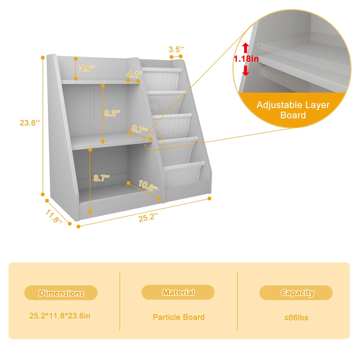 Hironpal Small 3 Tier Kids Bookshelf with 4 Layer Sling Adjustable Book Display Shelf for Nursery Playroom Kids Baby Bedroom