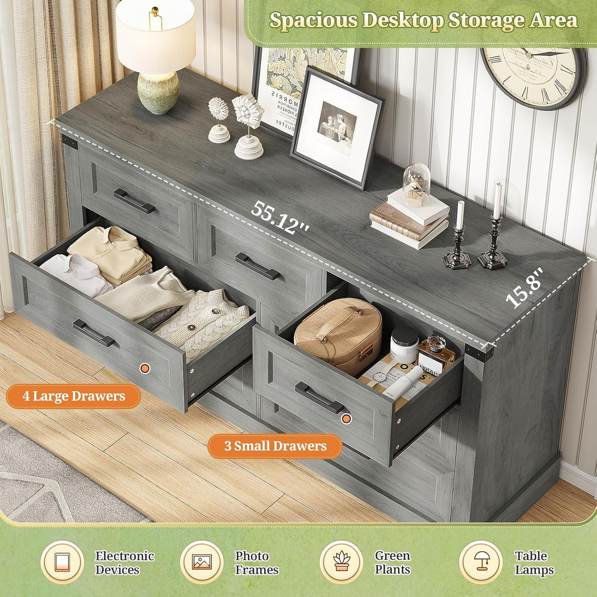 Aunfebrco Black Dresser for Bedroom Farmhouse 7 Drawers Dresser & Chest of Drawers with Thick Styling, Large Clothing Storage Organizer for Living Room
