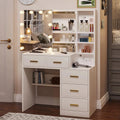 White Vanity Set Desk Table with 10 LED Lights & Charging Station & Sliding Mirror, Modern Makeup Vanity Desk Dressing Table with 5 Drawers for Bedroom, 10 LED Light Bulbs