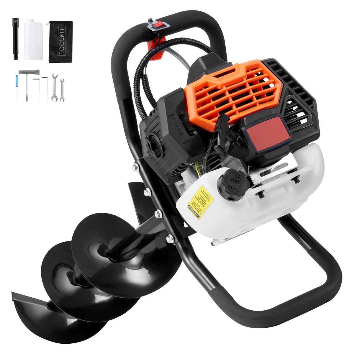 KFFKFF Gas Earth Auger, 52CC 1450W, includes 8 Drill Bit & Extension Rod, Ideal for Garden, Farmland Fence Installation, Orange & Black
