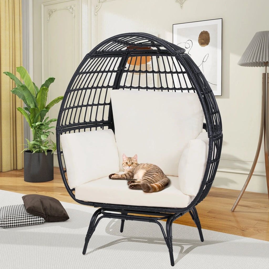 Skandiquip Oversized Rattan Adult Egg Chair, 360 Swivel, Outdoor Patio Chair with overstuffed Cushions, Indoor Large Wicker Egg Chair, Natural Rattan, Beige Cushion