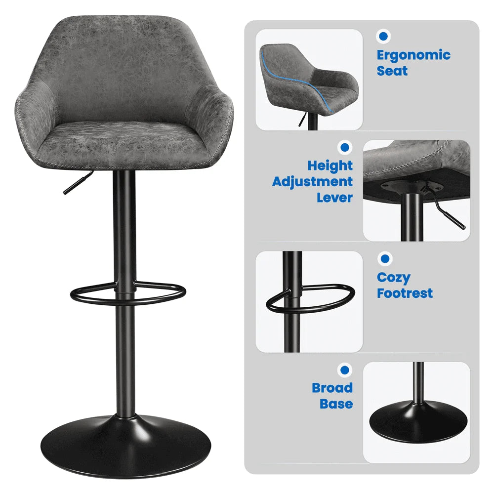 Smile Mart Adjustable Vintage Faux Leather Bar Stools with Backrest, Set of 2, Gray