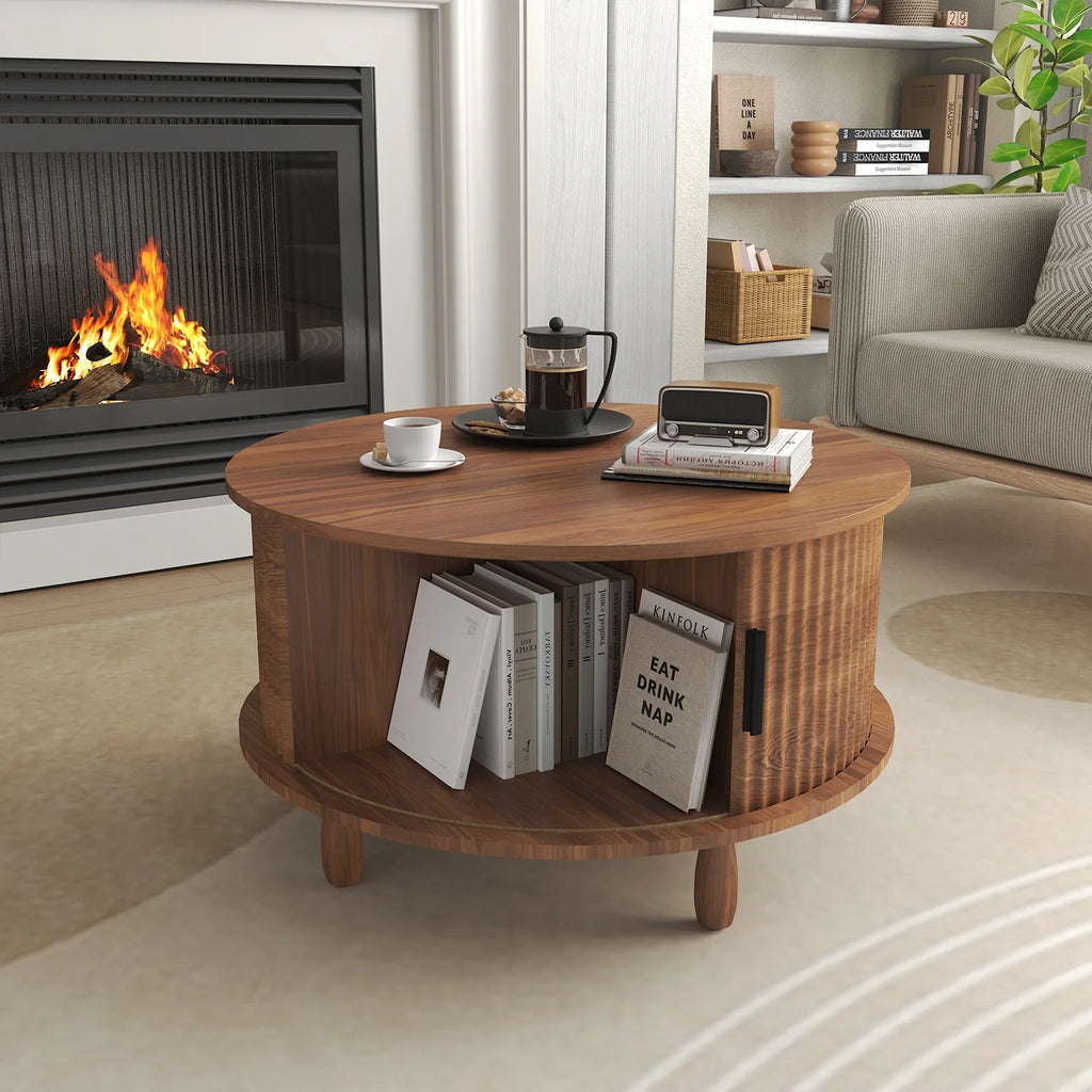 RUMLIVE Round Coffee Table with Storage, 30.7" Modern Coffee Table with 360 Curved Sliding Door, Fluted Wood Coffee Table with Footpads, Round Center Table for Living Room, Black