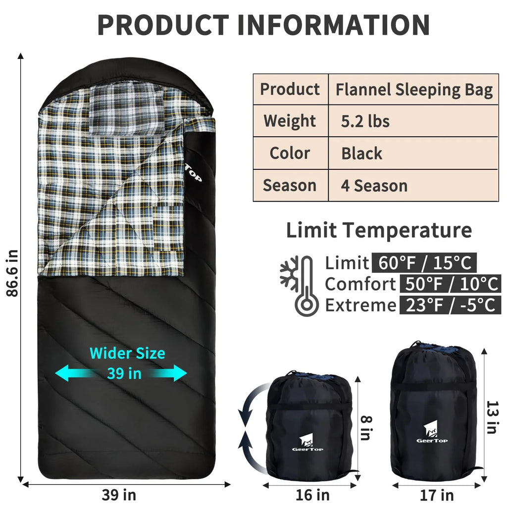 GEERTOP Flannel Sleeping Bag for Adults XXL, Large Wide Camping Sleeping Bag 4 Season, 0 Degree Sleeping Bag for Winter Cold Weathe