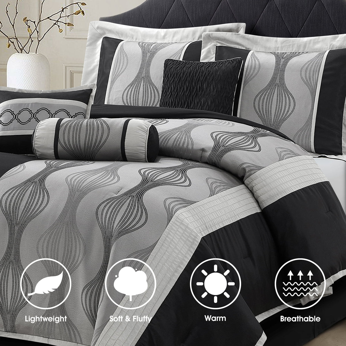 Lanco Black Silver Comforter Set , California King Size , 7 Pieces Fashion Jacquard Bedding Set