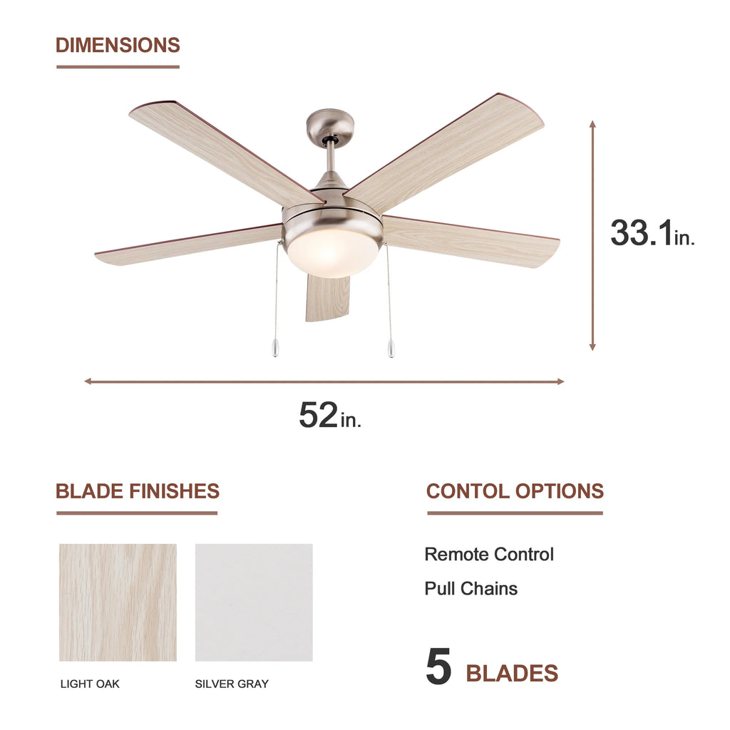 Simpol 52" Prominent Indoor Ceiling Fan with LED Light, Pull Chain and Remote Control, Reversible AC Motor, Walnut/Silver Reversible Blades and Satin Nickel Finish