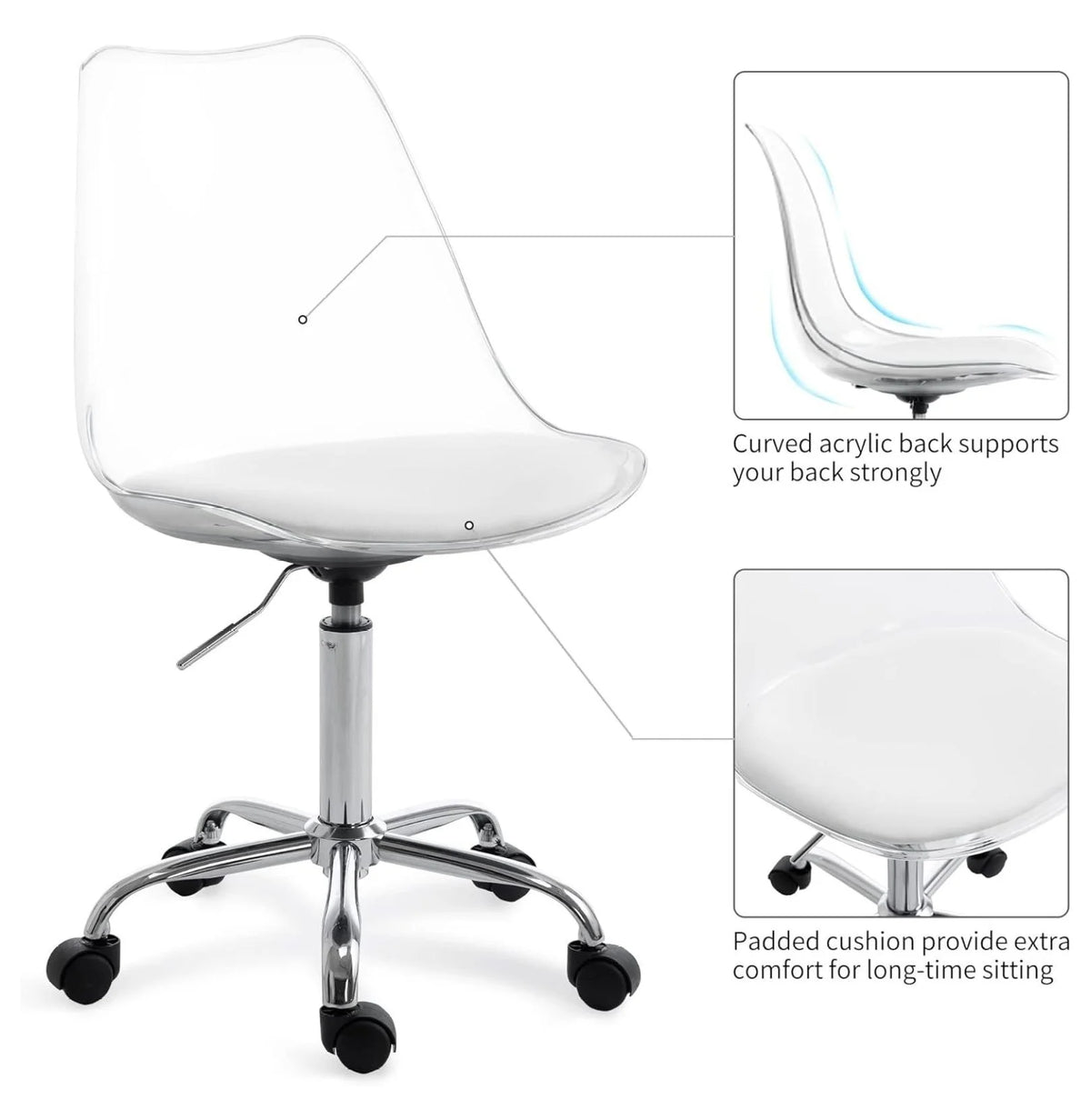 saney Clear Rolling Chair, Armless Desk Chair with Golden Feet Swivel Molded Plastic Shell Adjustable Home Office Chair with Wheels, Clear
