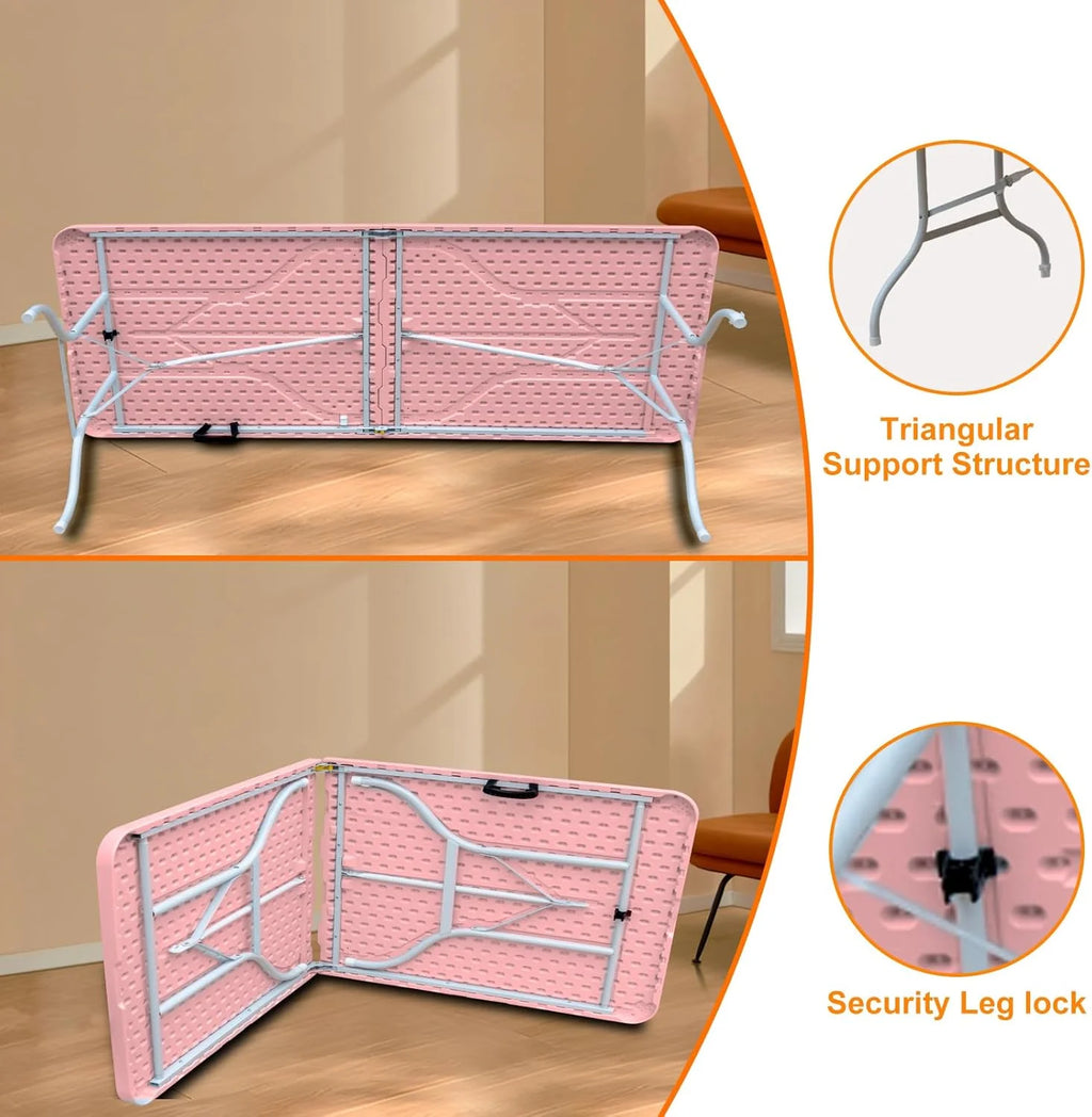 Folding Table with Carry Handle, Portable Fold-in-Half Plastic Table, Rectangle Foldable Table for Indoor
