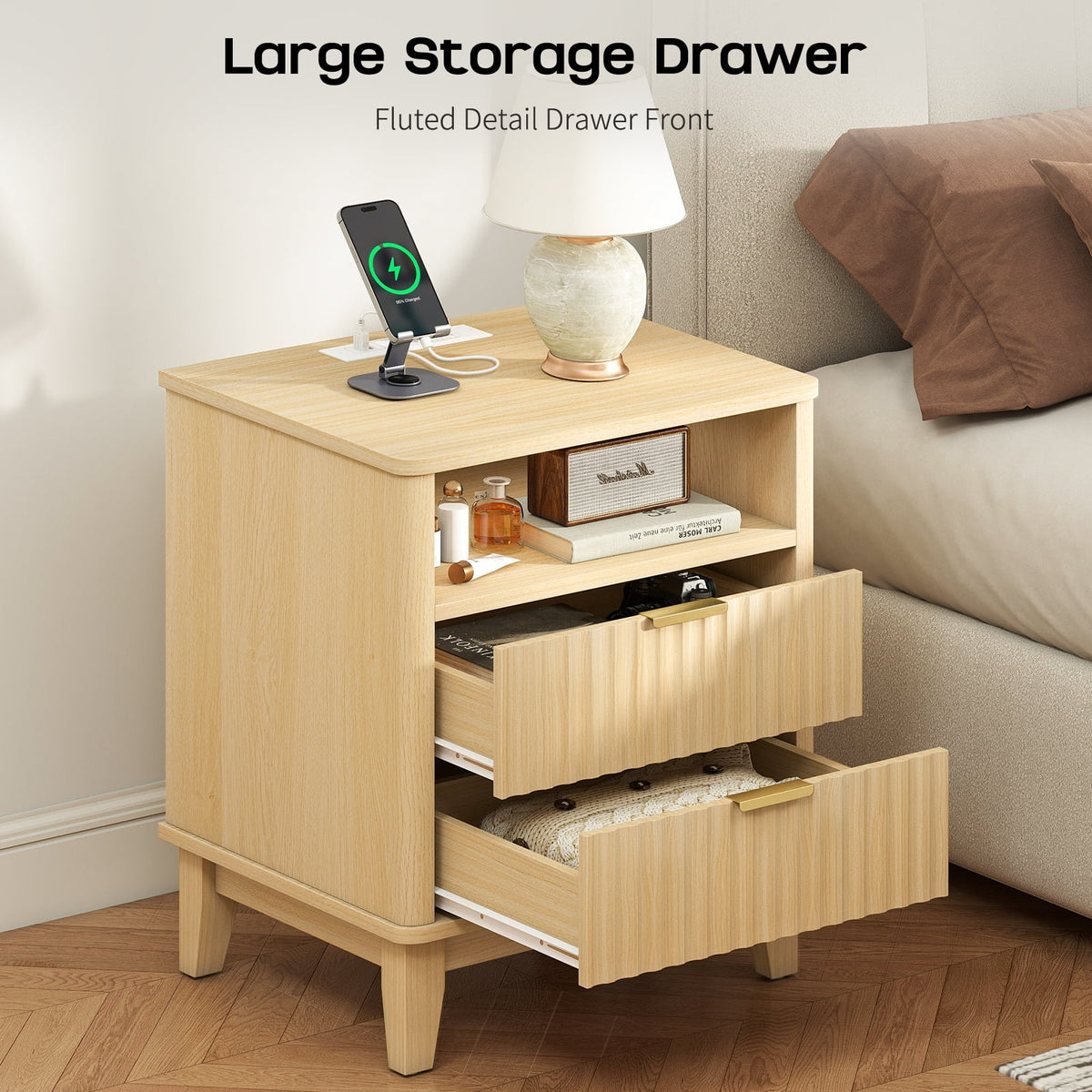 Night Stand with Charger Station, Fluted Nightstand with 2 Drawers and Storage Shelf, Mid Century Modern End Table for Bedroom Living Room,Natural