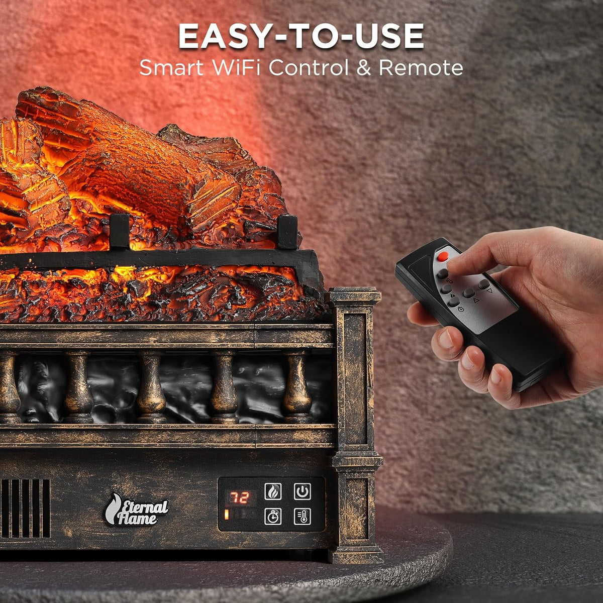 TURBRO Eternal Flame Infrared Electric Fireplace Logs, 23" Remote Control Fireplace Insert Log Heater, Realistic Lemonwood Ember Bed, Thermostat, Timer, 1500W Black