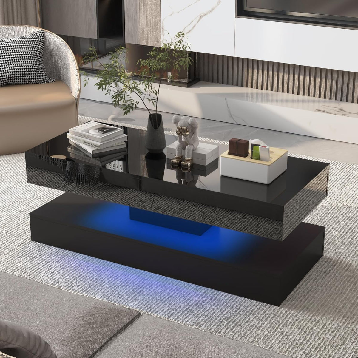 ChVans Large Black LED Coffee Table with 2 Storage Drawers, Modern High Gloss Coffee Table w/20 Colors LED Lights/APP Control, 2 Tiers Rectangle Large Living Room Furniture w/Marbling Print(47.3")