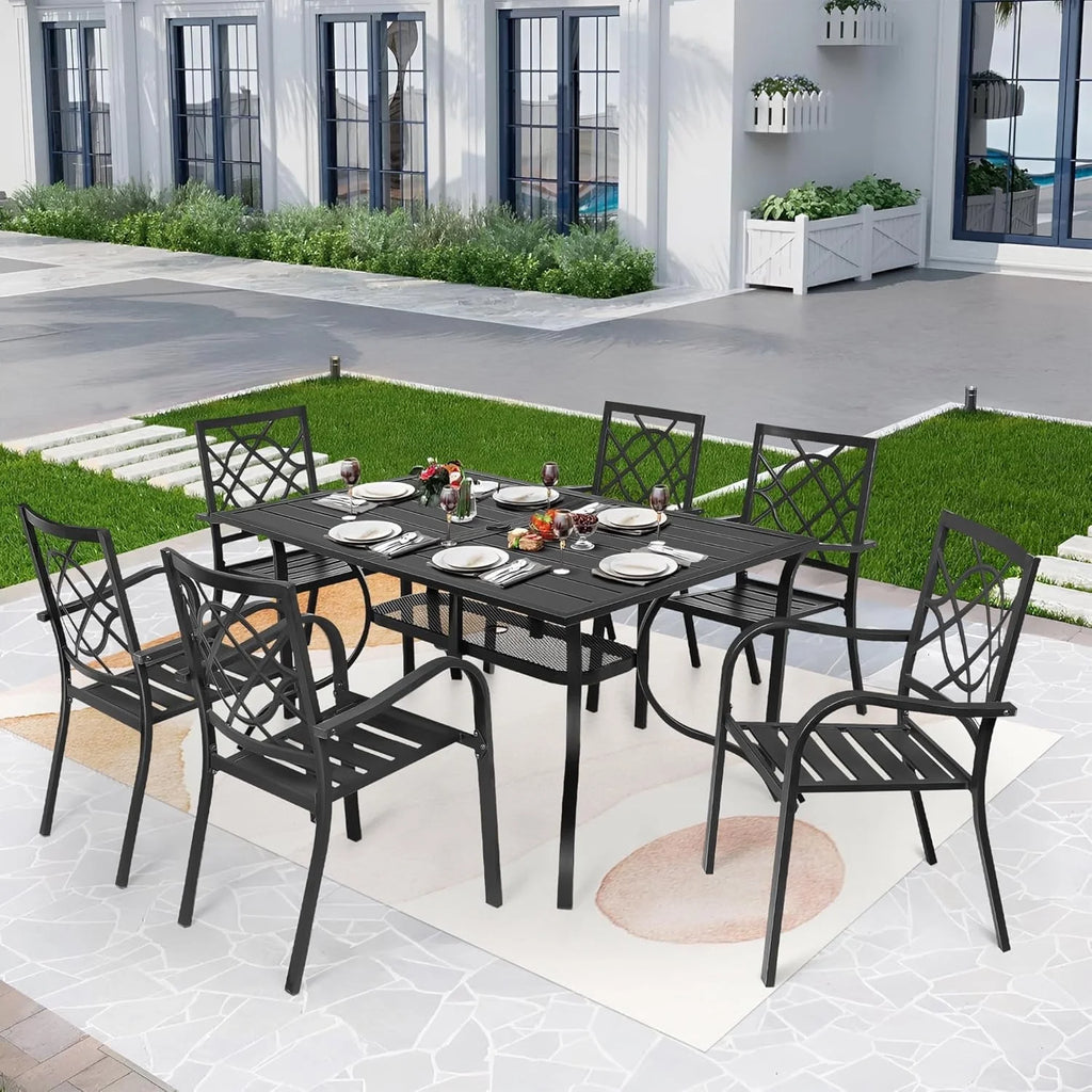 SUNCROWN 5-Piece Outdoor Wrought Iron Chairs and Table Patio Dining Furniture Set - 4 Stackable Metal Chairs, 1 Steel Slat Bistro Table and 1 Sky Blue 9Ft Patio Umbrella for Garden Backyard Deck