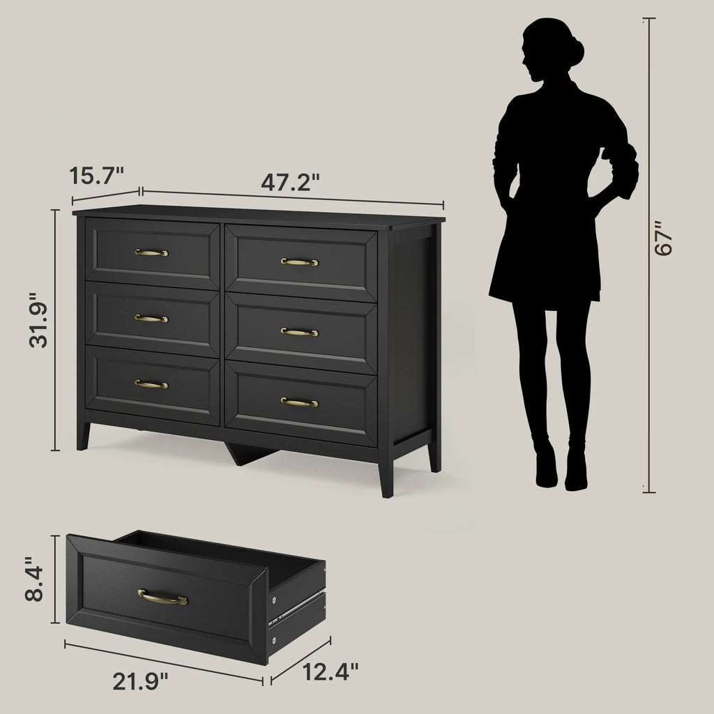 White Dresser, Lofka 6 Drawer Dresser for Bedroom, Chests of Drawers for Living Room, White Brown