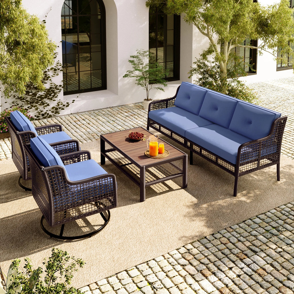 8 Pieces Outdoor Wicker Round Furniture Set, All Weather Half-Moon Sectional Patio Sofa Sets with Rectangular Coffee Table, Beige