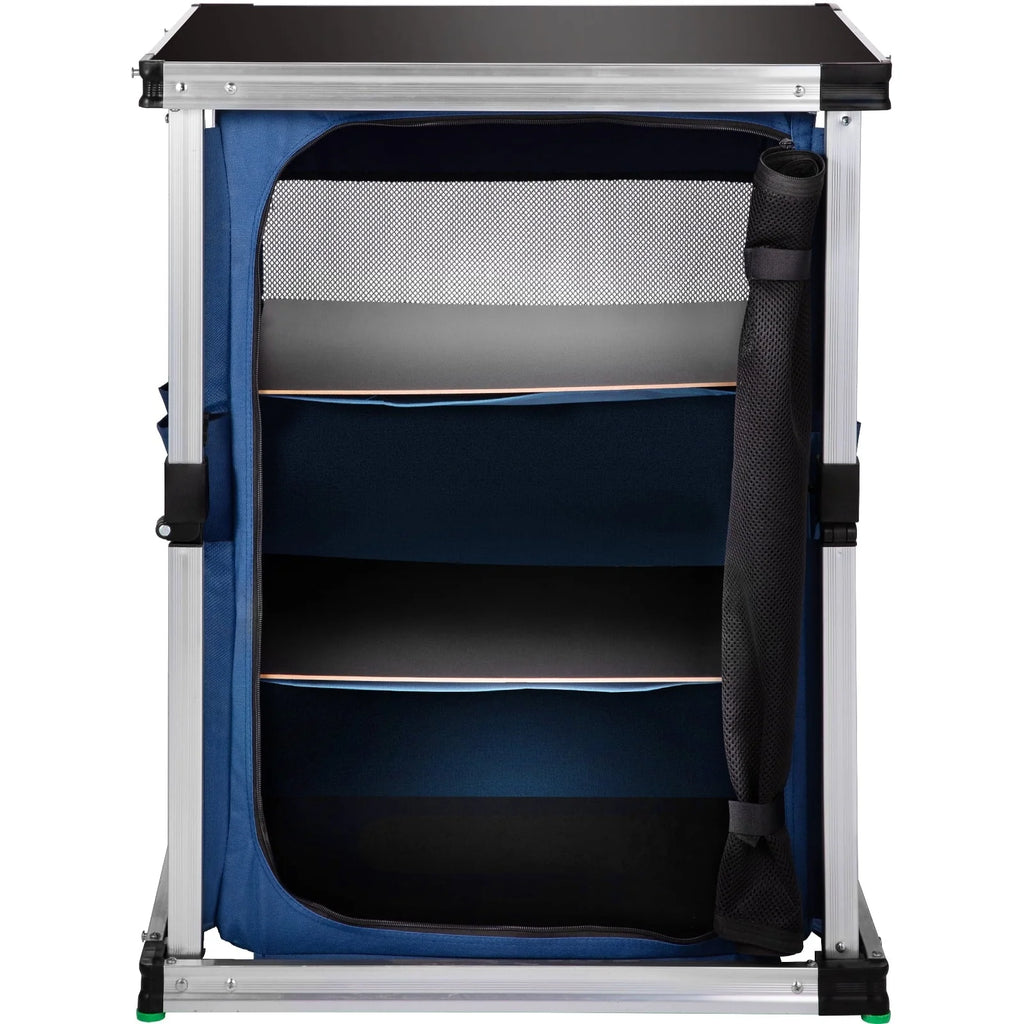 Camping Kitchen Station, Aluminum Portable Folding Cook Table with 3-Tier Storage Organizer, Side Pocket and Carrying Bag, for Outdoor BBQ Party Backyards and Tailgating, Blue