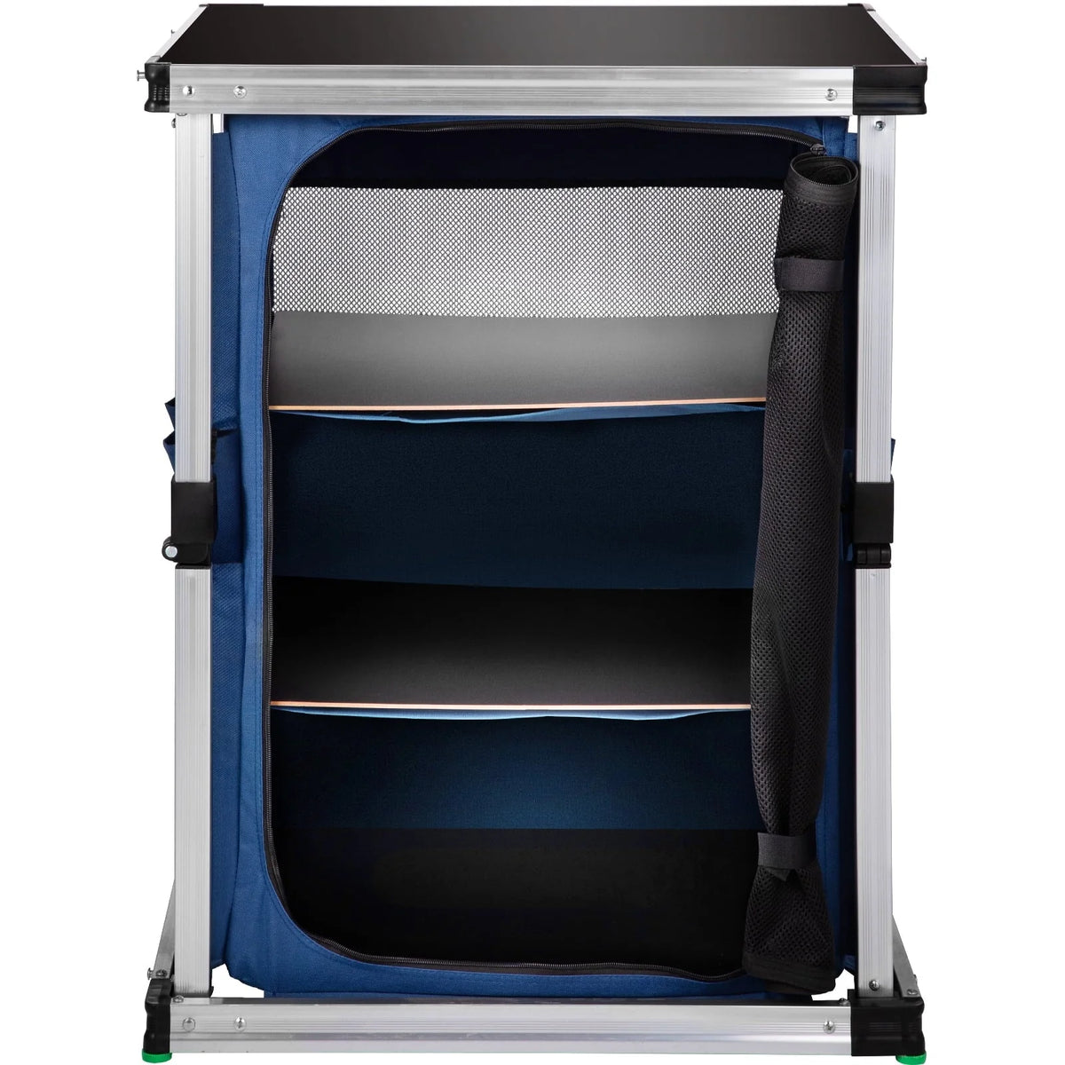 Camping Kitchen Station, Aluminum Portable Folding Cook Table with 3-Tier Storage Organizer, Side Pocket and Carrying Bag, for Outdoor BBQ Party Backyards and Tailgating, Blue