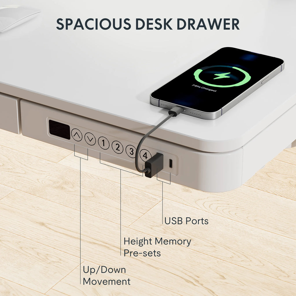 FLEXISPOT 48" W Home Office Height Adjustable Standing Desk White and Maple with USB Charge Ports and Embedded Drawer