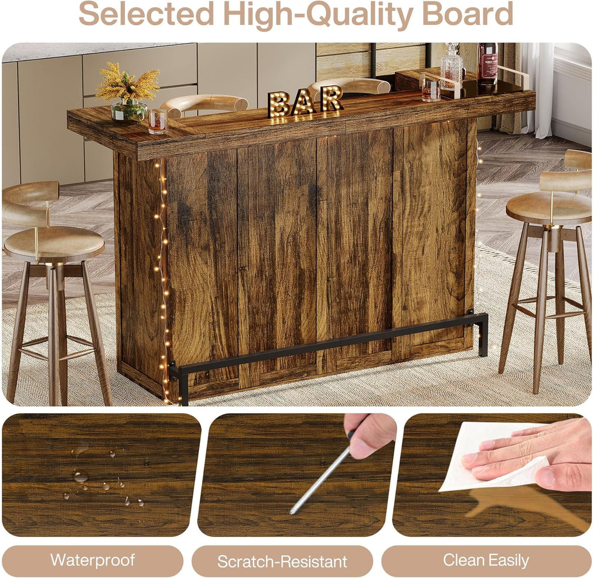 4-Tier Bar Table, 70.9-Inch Large Modern Home Bar Cabinet with Wine Glass Holder and Black Footrest