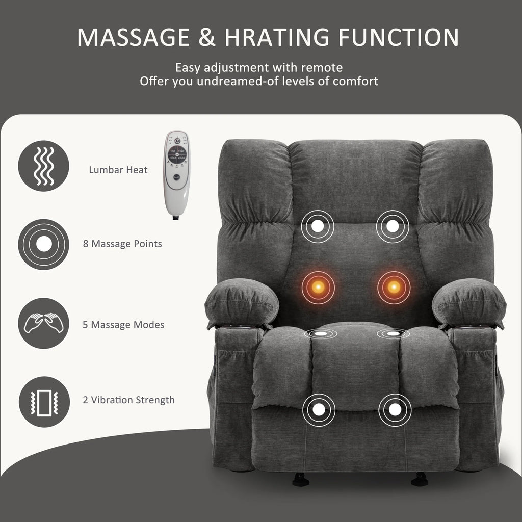 JONPONY Manual Recliner Chair with Heat Therapy and Massage Function, Heavy Duty Reclining Mechanism Massage Chair, Elderly Single Rocker Sofa with Cup Holders for Bedroom Home Theater,Grey
