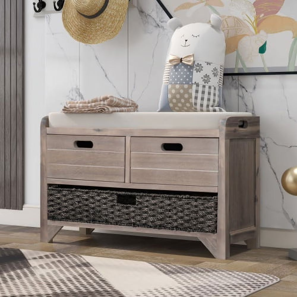Solid Wood Storage Bench, Narrow Entryway Bench with 2 Drawers and Removable Basket, Classic Accent Shoe Bench with Storage and Removable Cushion for Hallway Living Room, Fully Assembled, Navy