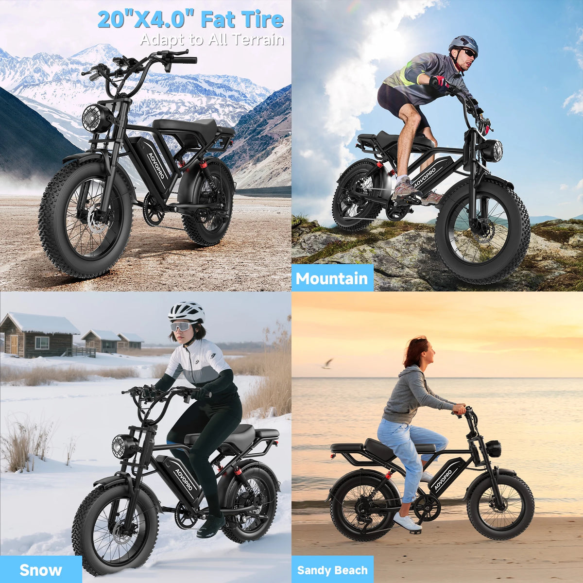 AOVOPRO AP20 Electric Bike for Adults 20 X 4.0 Fat Tire, 750W Off-Road E Bike, E-Mountain Bike 48V 15.6AH UL2849