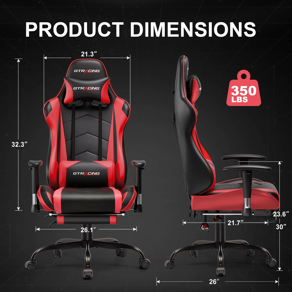 GTRACING Gaming Chair, Ergonomic Office Desk Chair with Lumbar Support, PU Leather, Footrest & Adjustable Headrest, Red