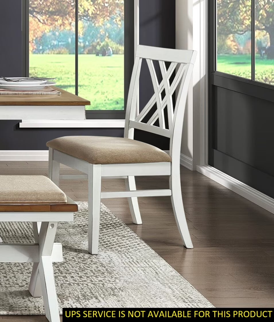 2 PCS Dining Side Chairs Furniture, Fabric Upholstered Seat Dining Chairs with X-Back Design, Wooden Cross Back Chairs for Dining Room, Bedroom and Kitchen, White and Oak Finish