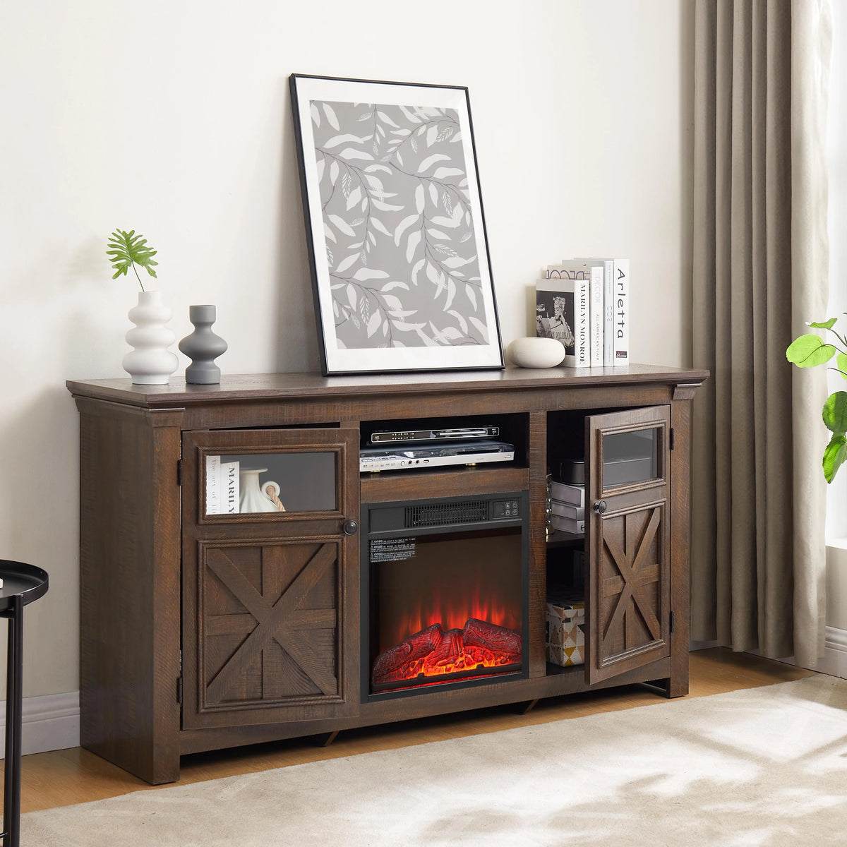 PAPROOS Fireplace TV Stand for 65 Inch TV, Modern Farmhouse TV Cabinet with 23'' Electric Fireplace, Entertainment Center Television Console Table for Living Room, Black+Brown