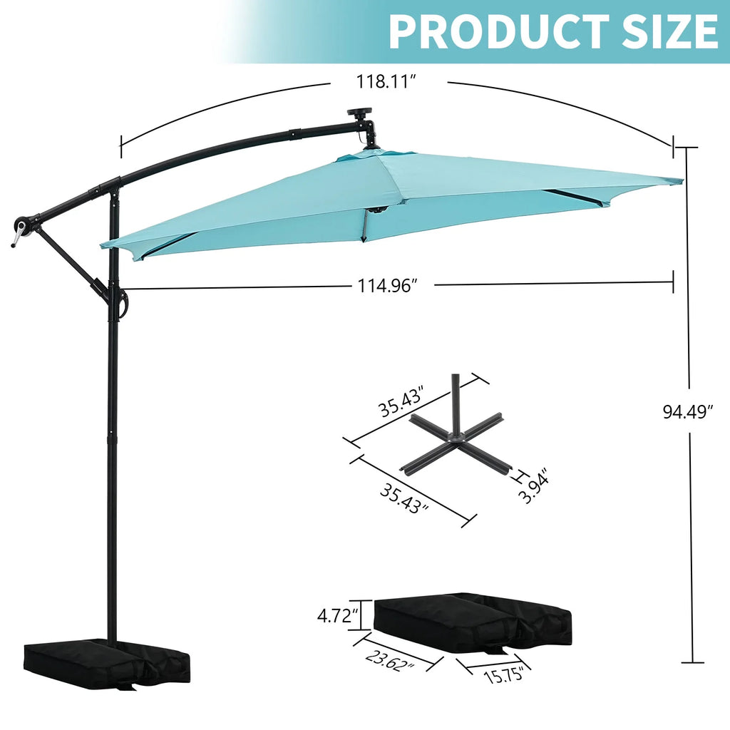 Ainfox 10ft Cantilever Patio Umbrella with Lights, Offset Market Umbrella with Sandbags Weighted Base and Cross Base,Khaki