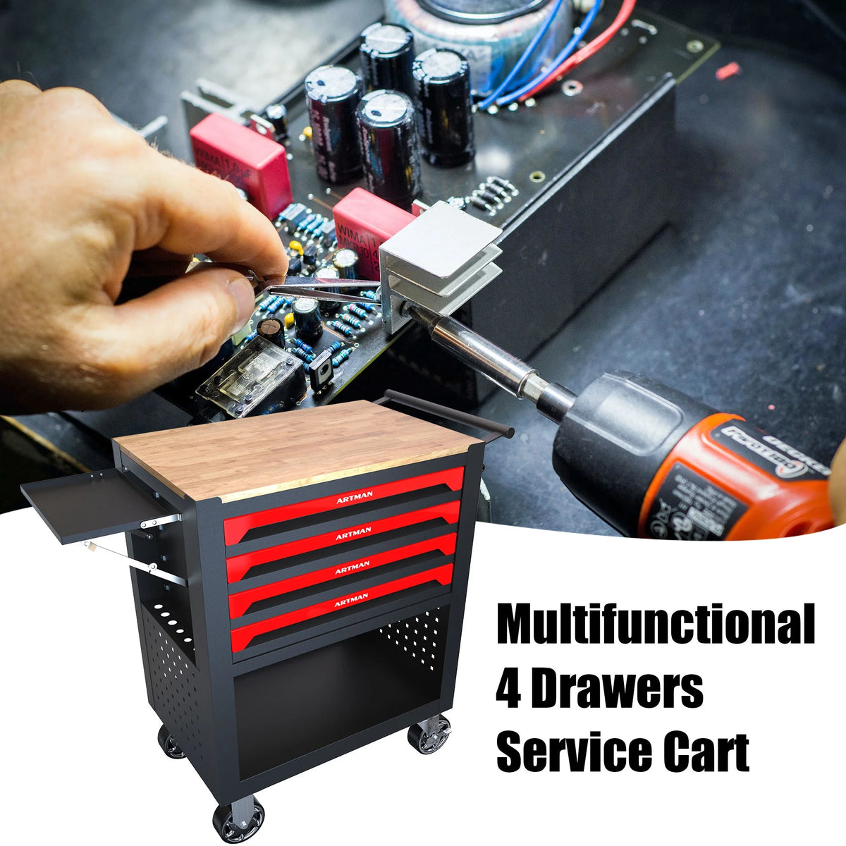 ARTMAN 4-Drawer Tool Cart with Wheels and Drawers ,Wood Top Tool Box Cart for Workshop Warehouse Garage