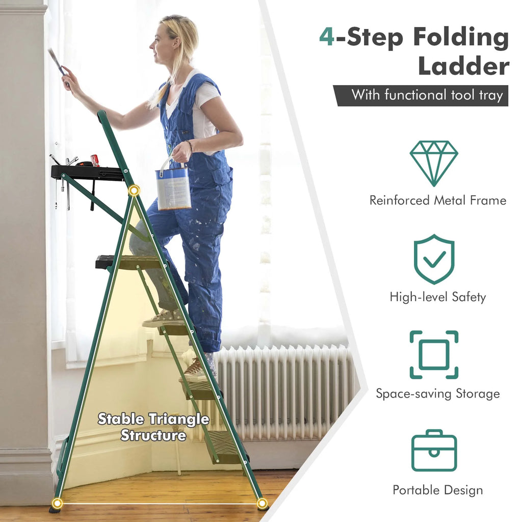 Costway 4 Step Ladder Folding Portable Anti-Slip Steel Step Stool 330lbs with Tool Platform