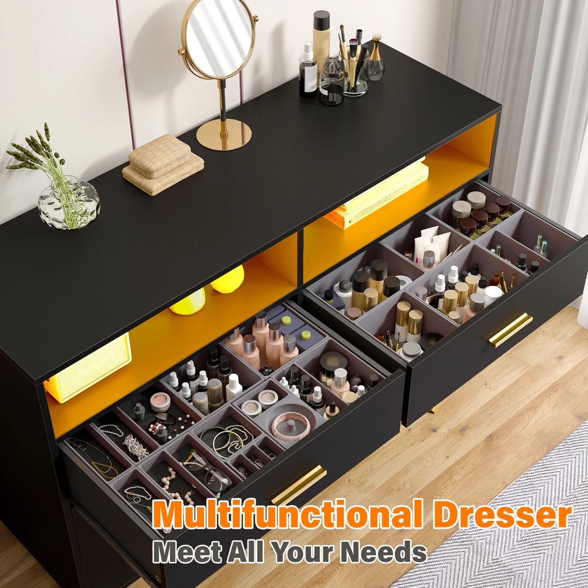 EnHomee Dresser with LED Lights Drawer Dresser with 6 Deep Drawers Wood Dresser for Bedroom TV Stand Dressers & Chests of Drawers Wide Led Dressers,Black