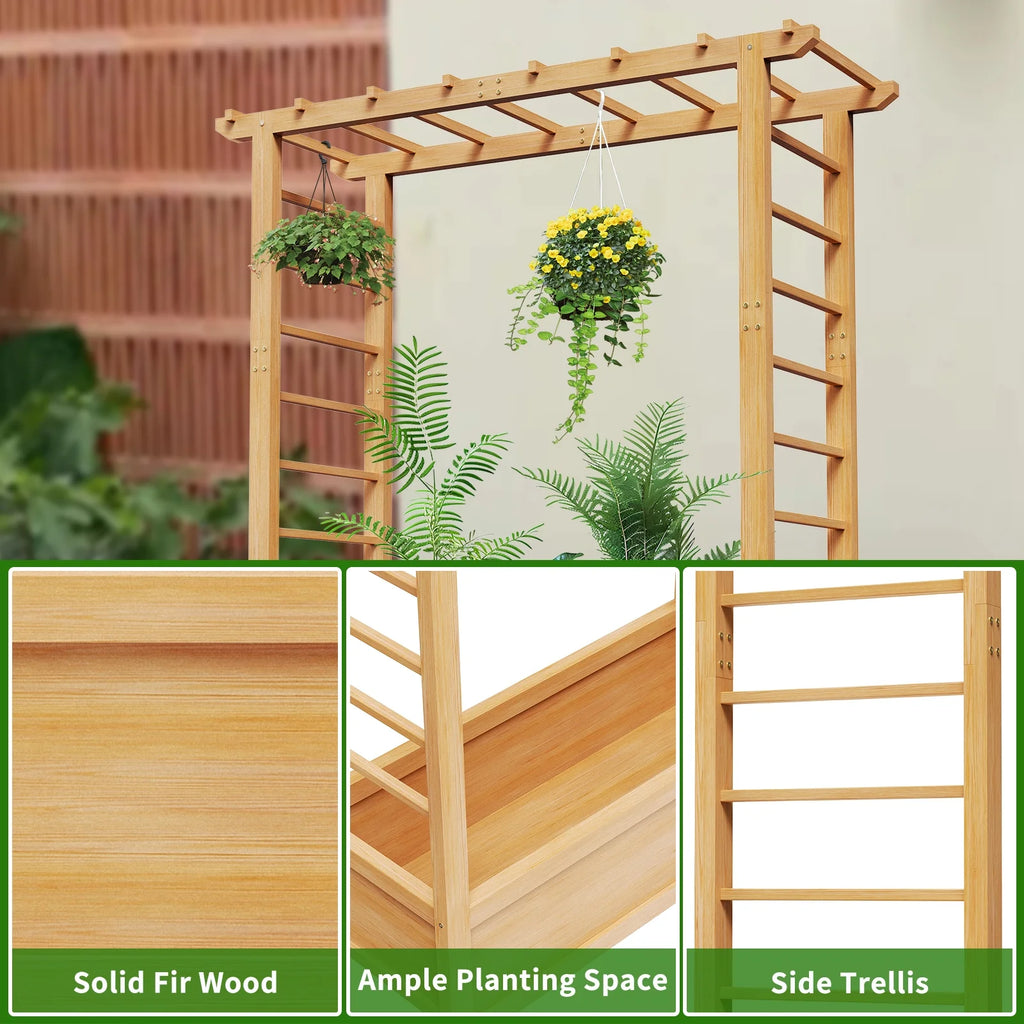 Slsy 63" Screen Raised Garden Bed, Wooden Planter Box with Hanging Roof & Drainage Holes, Indoor Outdoor Elevated Planter for Vine, Climbing Plants, Flowers, Patio & Garden
