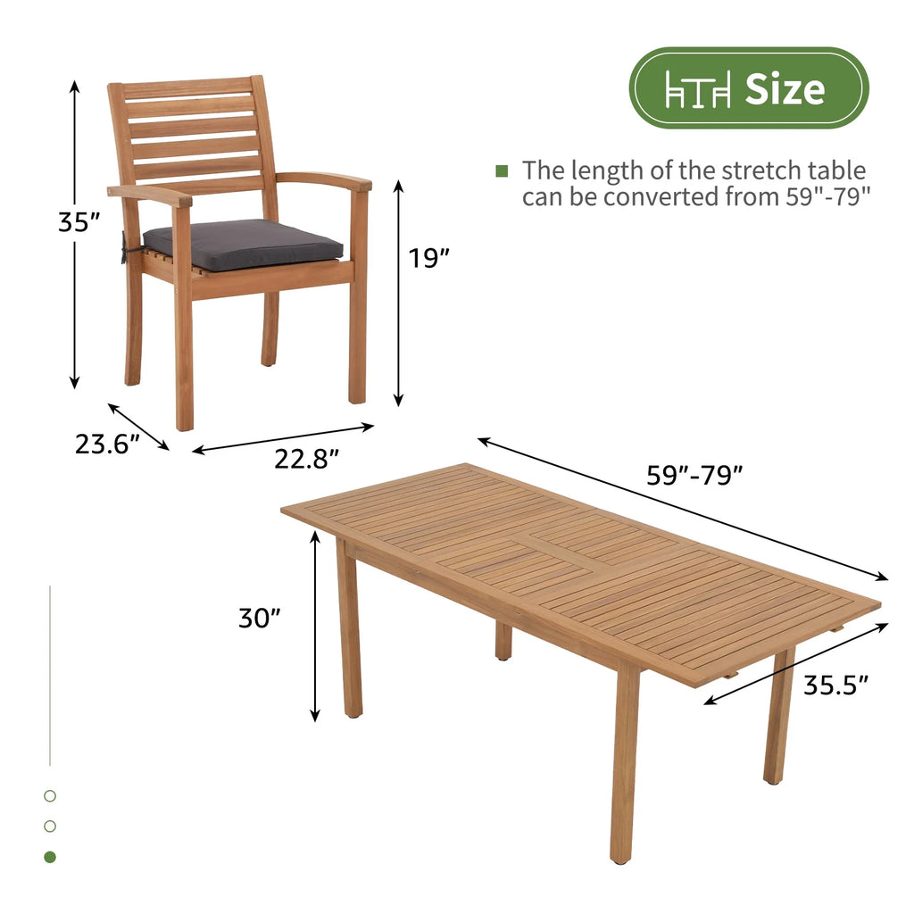 7 Piece Patio Dining Set, Outdoor Acacia Wood Furniture Set, Extendable Rectangular Table and 6 Stackable chairs w/Removeable Fabric Cushion, FSC Certified, for Deck Garden Backyard