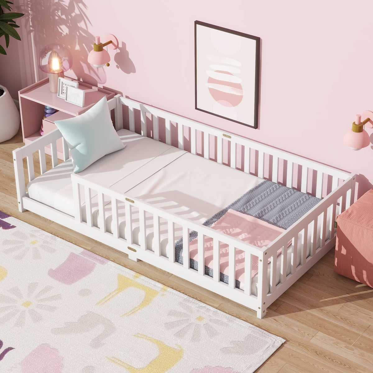 Miniyam Wooden Twin Size Floor Bed with Safety Fence for Kids, Natural