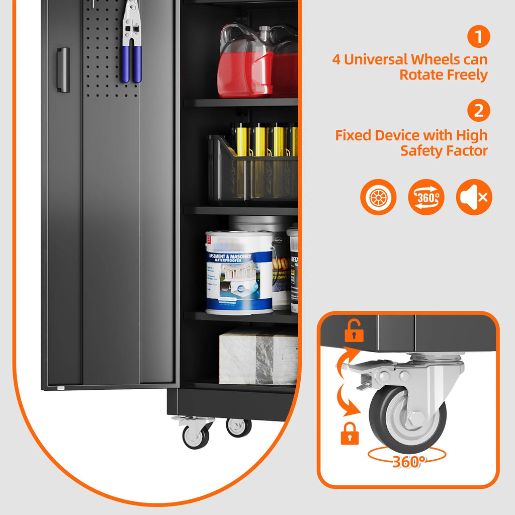 GangMei 71 Inches Tall Metal Garage Storage Cabinets with 5 Adjustable Shelves & Pegboards, Lockable Steel Black Storage Cabinet with Doors for Office, Home, School, Shops, Garage, Assembly required