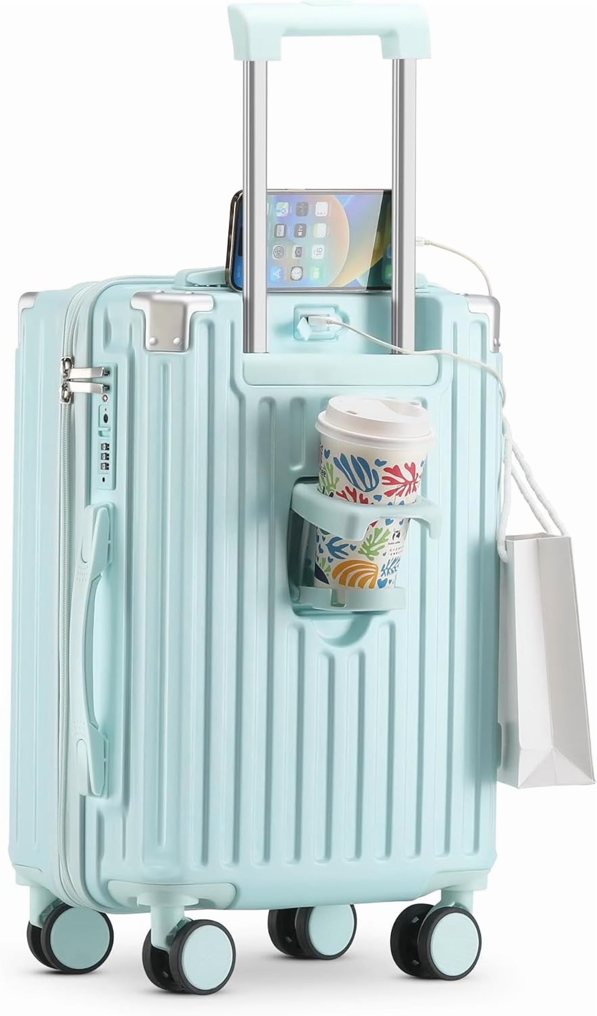 20 Inch Carry On Luggage With Cup Holder & USB Port, Airline Approved TSA-locked Luggage, Lightweight PC Material Travel Suitcase With 360 Spinner Wheel