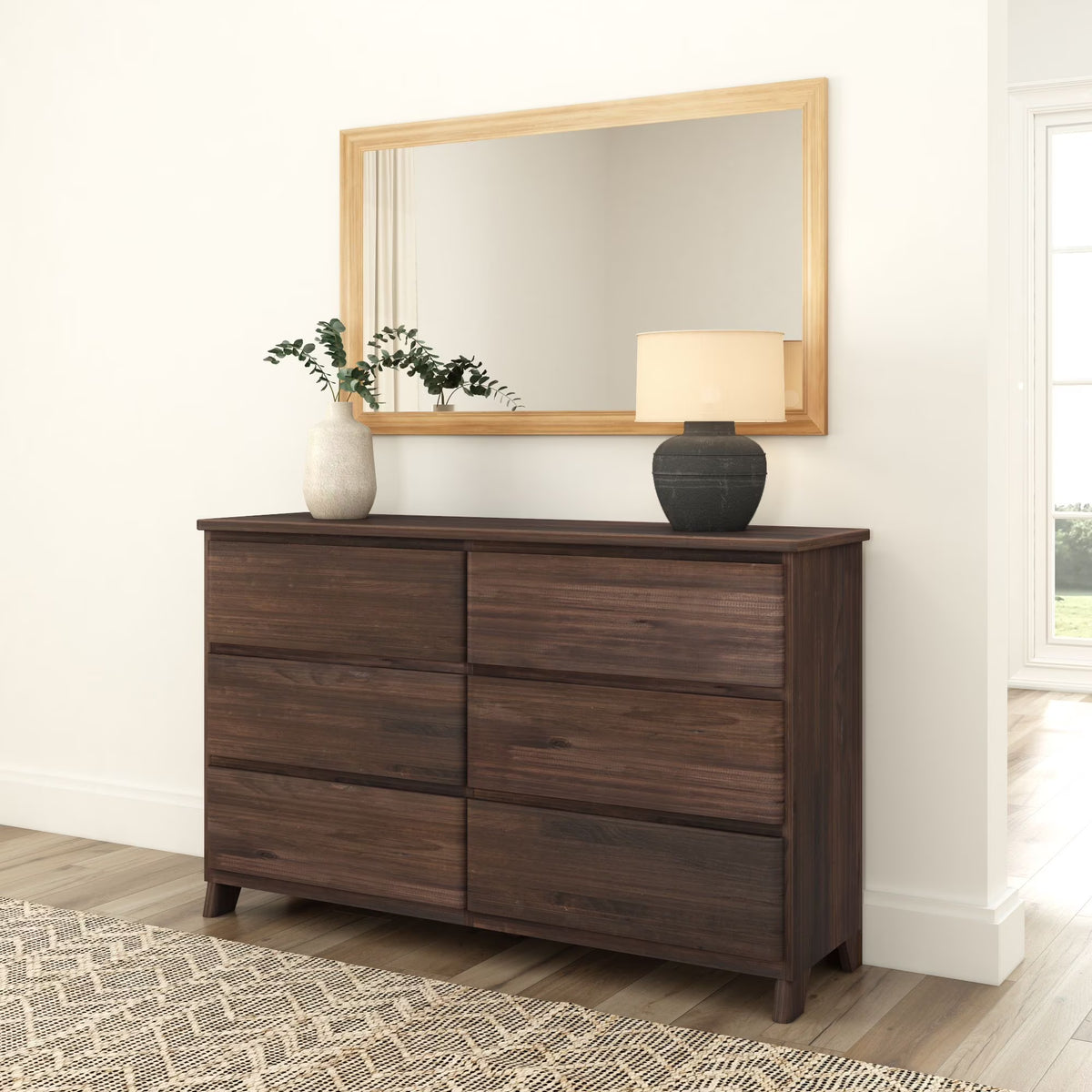 Plank+Beam Solid Wood Farmhouse 6 Drawer Dresser, Barnwood Brown