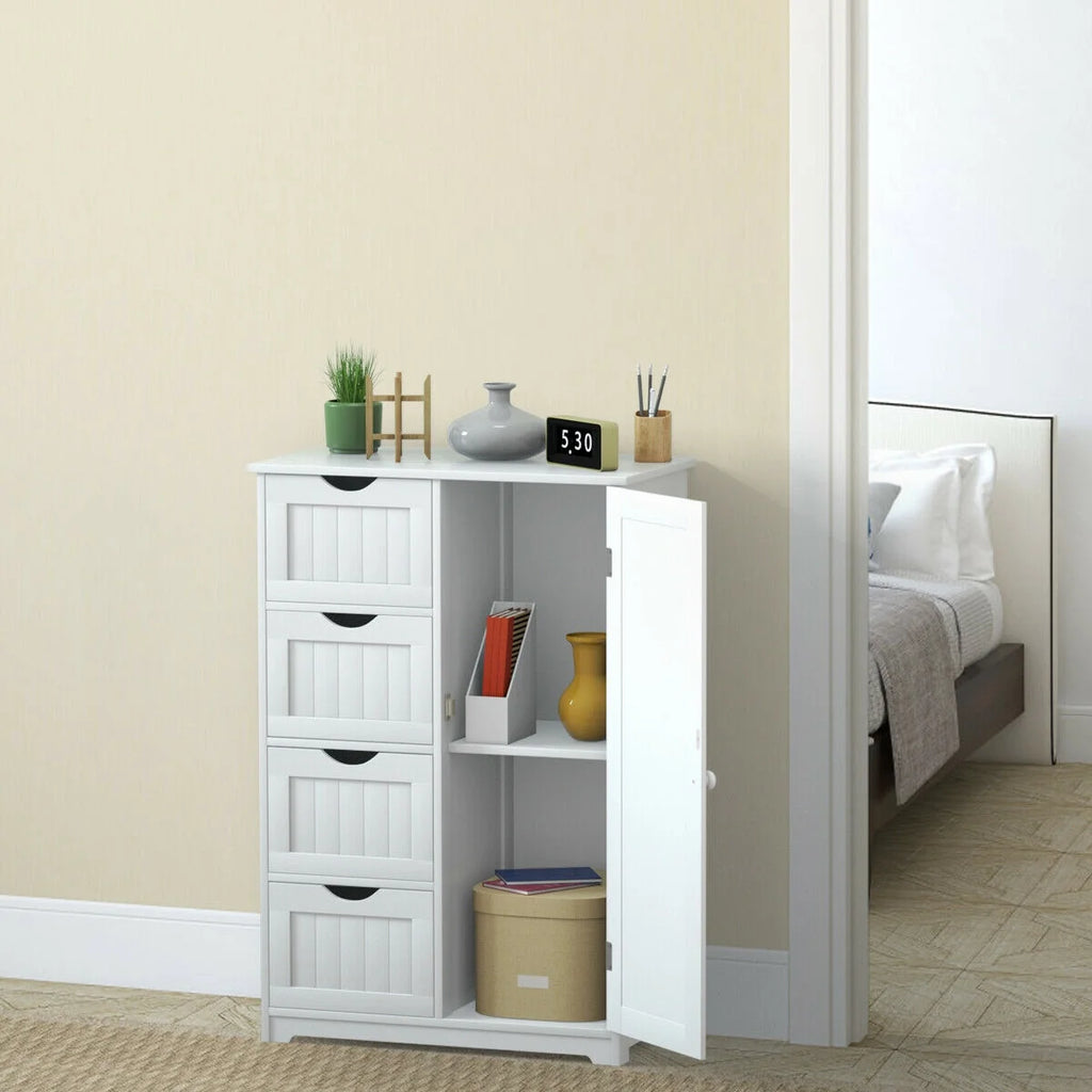 Gymax Bathroom Floor Cabinet Storage Organizer Cupboard w/ 4 Drawers Adjustable Shelf Grey