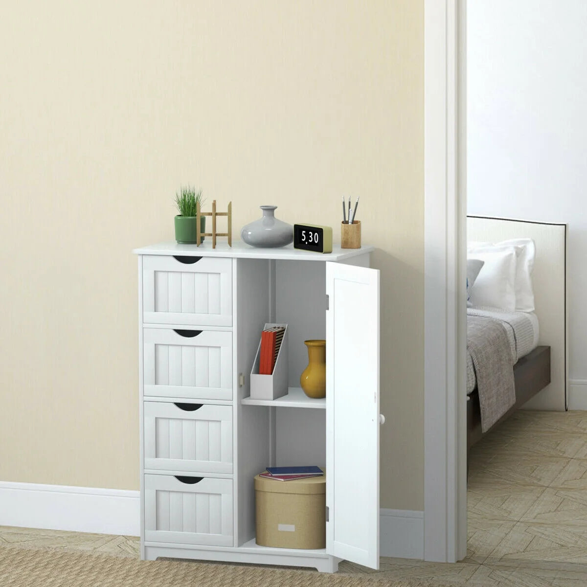 Gymax Bathroom Floor Cabinet Storage Organizer Cupboard w/ 4 Drawers Adjustable Shelf Grey