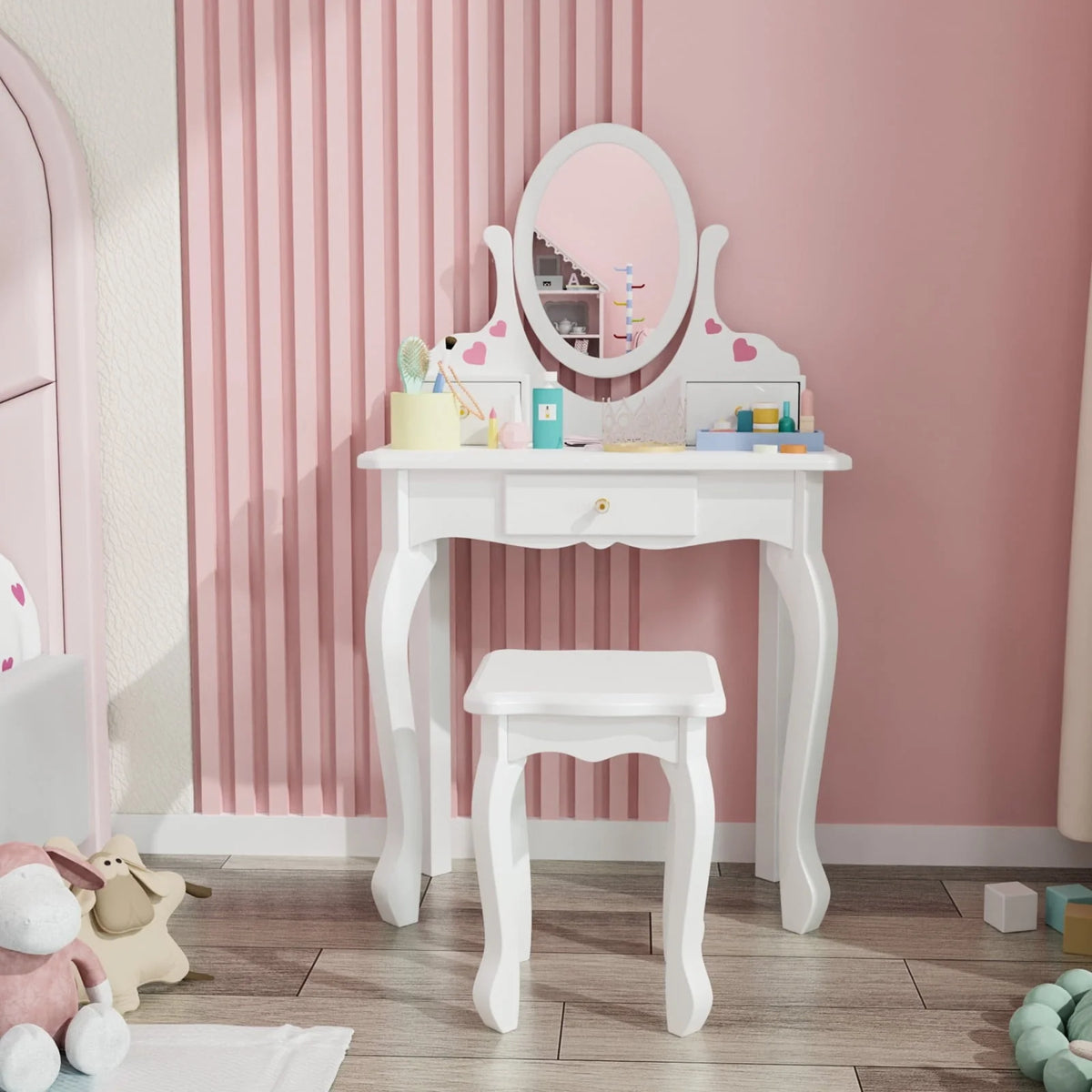 JOYMOR Kids Vanity Table and Stool for Makeup Dressing with Mirrors Drawers, White
