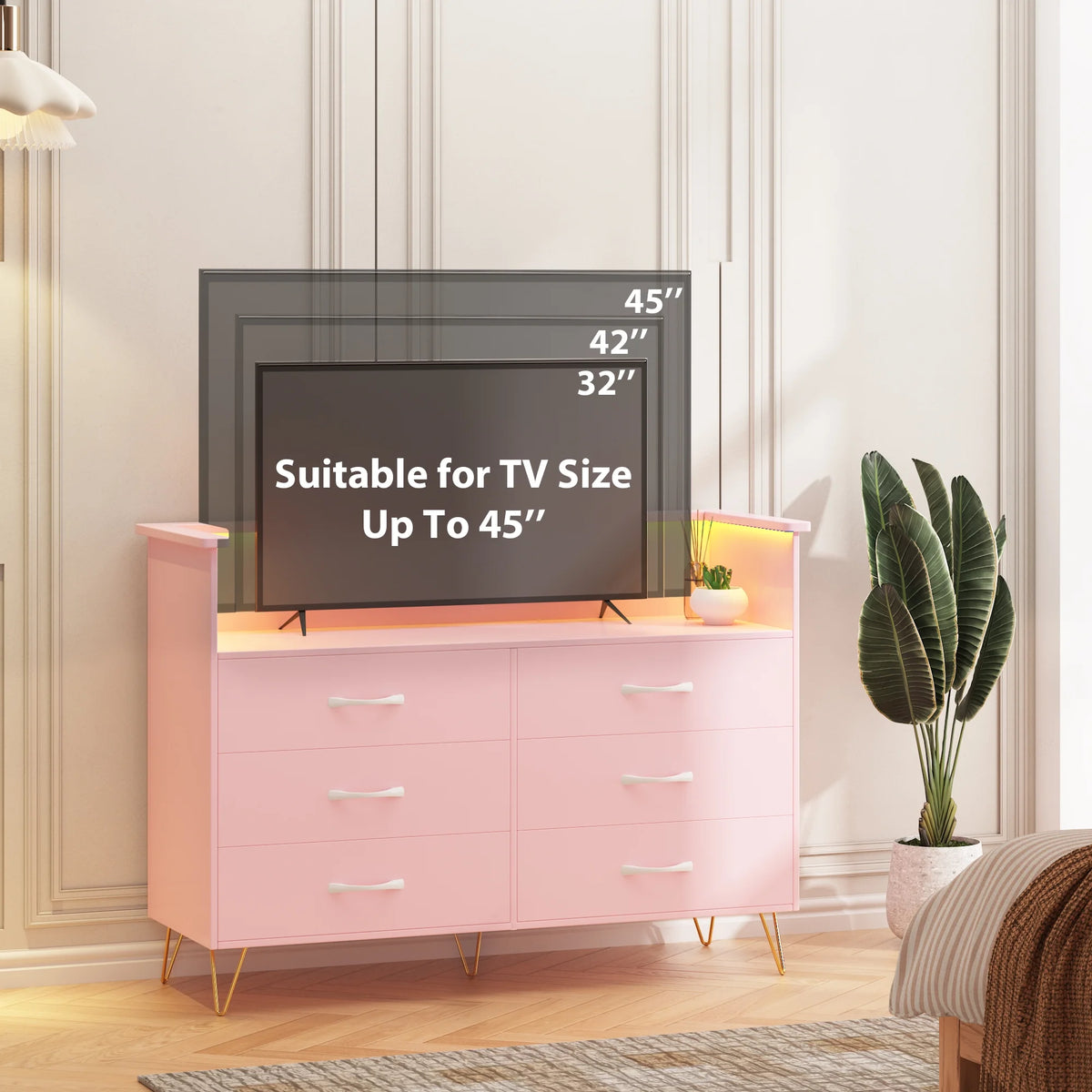 Garvee Dresser for Bedroom 6 Drawer with LED Light & Charging Station, Wooden Dressers and Chests of Drawers with 2-Tier Open Shelves, Wide Dresser Organizer for Living Room Hallway Entryway, Pink